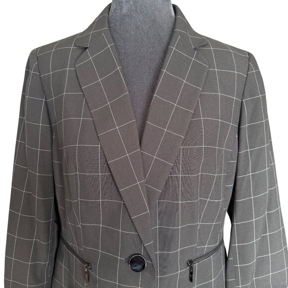 Le Suit Petite 10P Womens Gray Checked Blazer Jacket With Button Front & Zip Poc - Picture 2 of 7